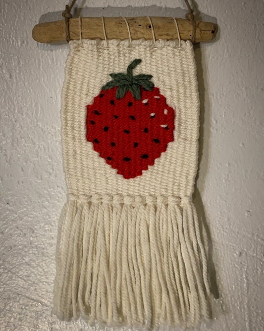 Strawberry Tapestry on driftwood, handwoven, small