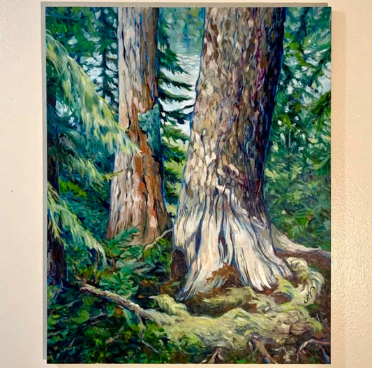 Trees at Waldo Lake, large original oil painting, signed by artist